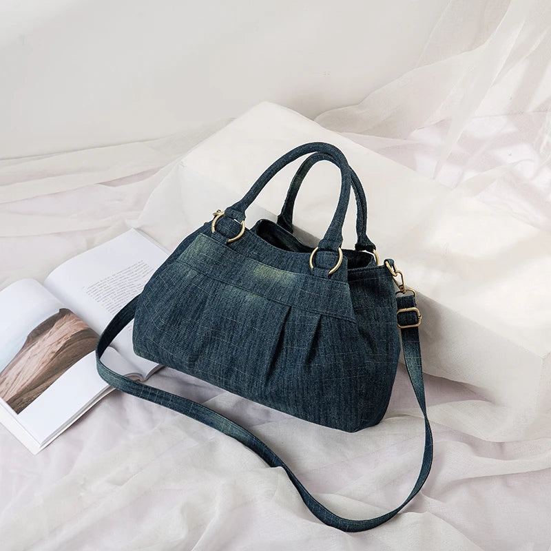 Annmouler – Sac À Bandoulière En Denim Pour Femmes Sacoche De Grande Capacité Avec Sac En Jean Détachable - Bleu Foncé