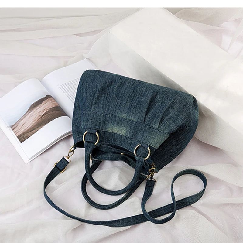 Annmouler – Sac À Bandoulière En Denim Pour Femmes Sacoche De Grande Capacité Avec Sac En Jean Détachable - Bleu Foncé