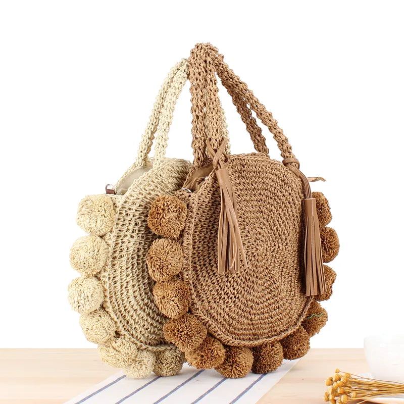 Bohème Gland Rotin Femmes Sacs À Main Tissé Bandoulière À Concepteur Balle Été Plage Sac À - Beige