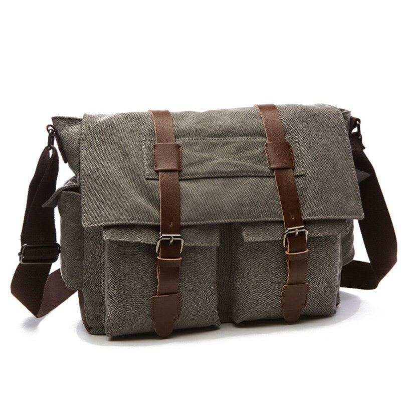 Hommes Sacs De Messager Toile Et Cuir Patchwork Grande Sacoche À Bandoulière Mâle Mallette Pour Ordinateur Portable Vintage Voyage Sac À Main - Kaki