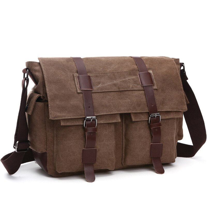 Hommes Sacs De Messager Toile Et Cuir Patchwork Grande Sacoche À Bandoulière Mâle Mallette Pour Ordinateur Portable Vintage Voyage Sac À Main - Kaki