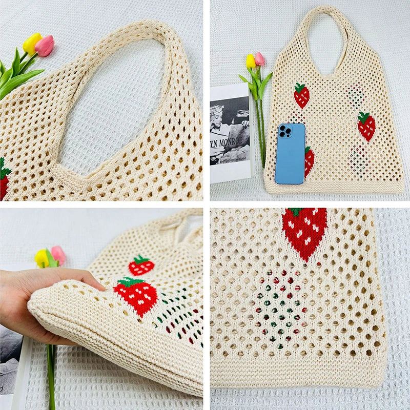 Sac À Bandoulière De Grande Capacité Pour Femmes Fourre-tout Élégant À Motif De Fraise En Crochet Sac Banane Mignon Sac En Tricot - Fraise