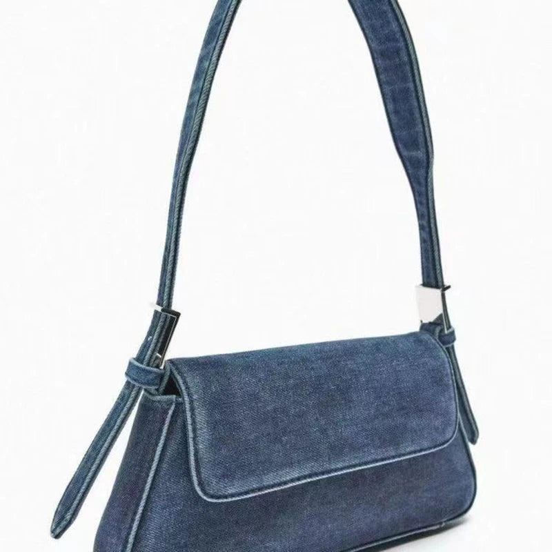 Sac Femme Été Centaines Rabat Bleu Denim Sac Banlieue Simple Épaule Aisselle Sac - Bleu