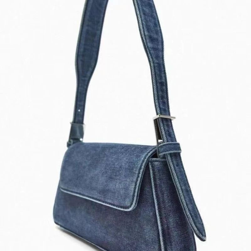 Sac Femme Été Centaines Rabat Bleu Denim Sac Banlieue Simple Épaule Aisselle Sac - Bleu