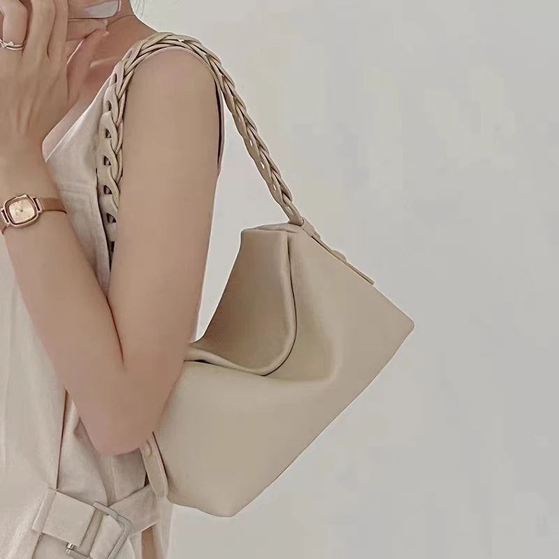 Sac À Main En Tricot Avec Sangle Tissée Sac À Bandoulière Simple Beige En Cuir Souple De Première Couche Pour Femmes - Beige