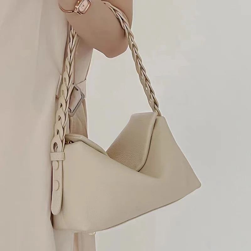 Sac À Main En Tricot Avec Sangle Tissée Sac À Bandoulière Simple Beige En Cuir Souple De Première Couche Pour Femmes - Beige