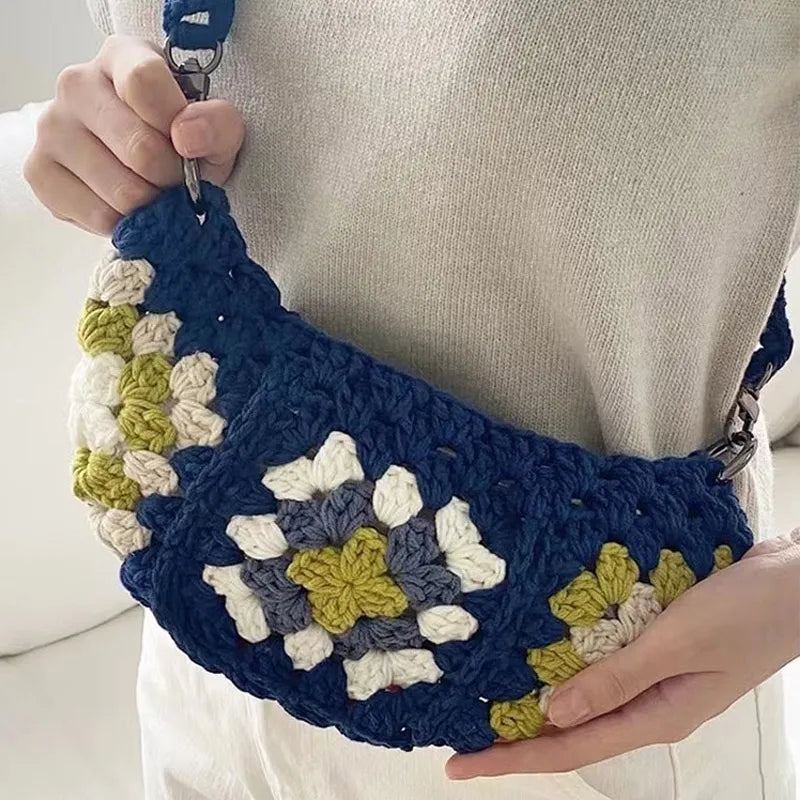 Sacs À Bandoulière Carrés Bohème Grand-mère Pour Femmes À De Styliste En Crochet Tricoté Hobos Sac Messager Petits À Main Téléphone - Bleu