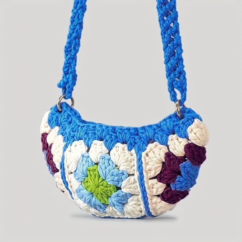 Sacs À Bandoulière Carrés Bohème Grand-mère Pour Femmes À De Styliste En Crochet Tricoté Hobos Sac Messager Petits À Main Téléphone - Bleu