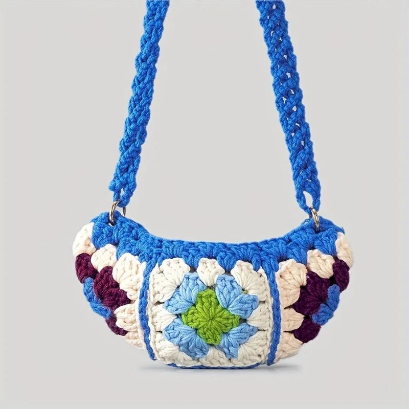 Sacs À Bandoulière Carrés Bohème Grand-mère Pour Femmes À De Styliste En Crochet Tricoté Hobos Sac Messager Petits À Main Téléphone - Bleu