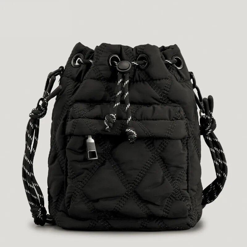 Sacs À Bandoulière Rembourrés En Nylon Pour Femmes Décontracté Sac À Matelassé Avec Cordon De Serrage Sac Seau Vintage Petit Fourre-tout Bourse D'hiver - Noir