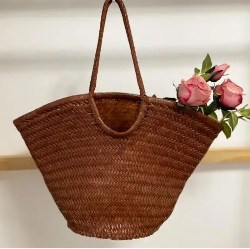 Sacs Couche De Tête Tissés À La Main Pour Femmes Sac Fourre-tout En Cuir De Grande Capacité - Marron