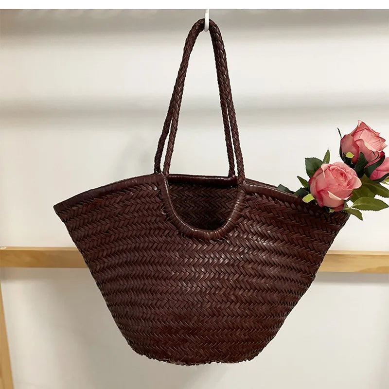 Sacs Couche De Tête Tissés À La Main Pour Femmes Sac Fourre-tout En Cuir De Grande Capacité - Marron