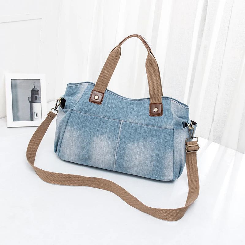 Sacs De Luxe Pour Femmes Sac À Main De Grande Capacité Fourre-tout En Denim Sac À Bandoulière - Bleu