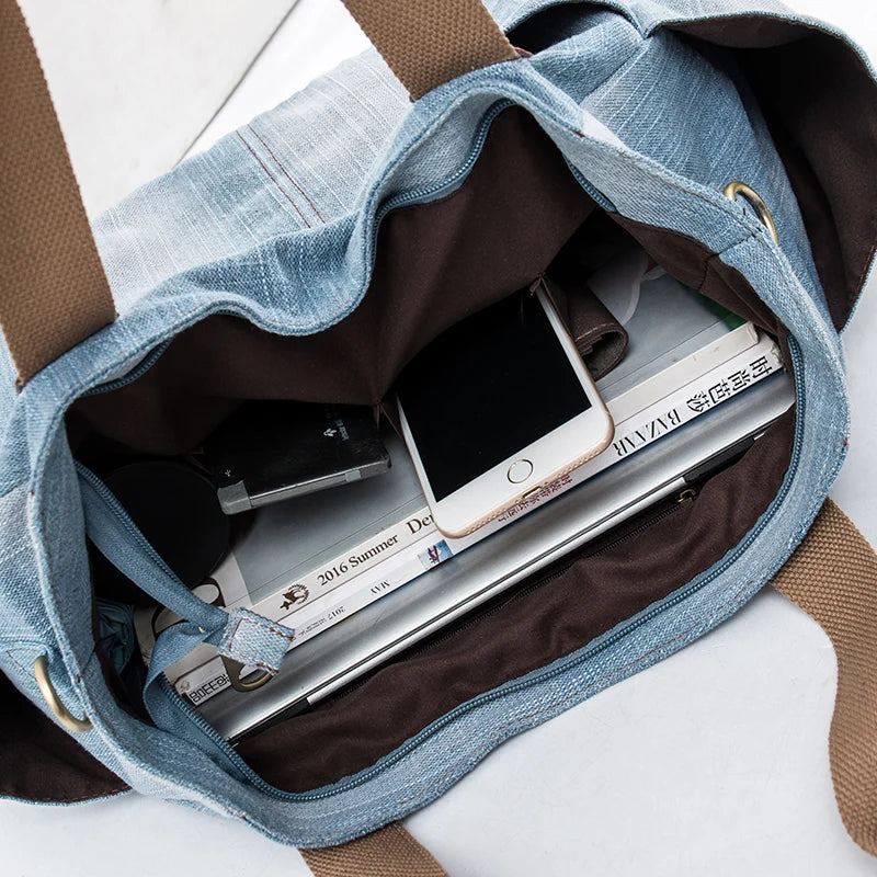 Sacs De Luxe Pour Femmes Sac À Main De Grande Capacité Fourre-tout En Denim Sac À Bandoulière - Bleu