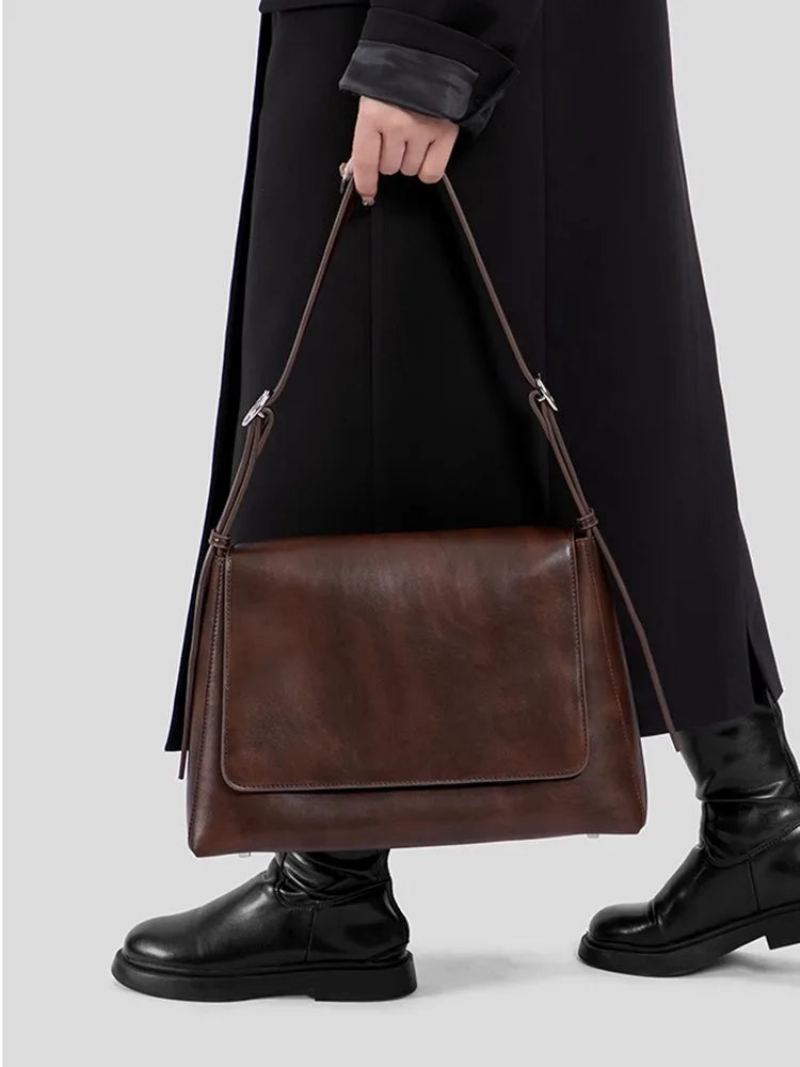 Simple Rétro En Cuir Véritable Femmes Sac À Main En Dame Épaule Bandoulière - Brun