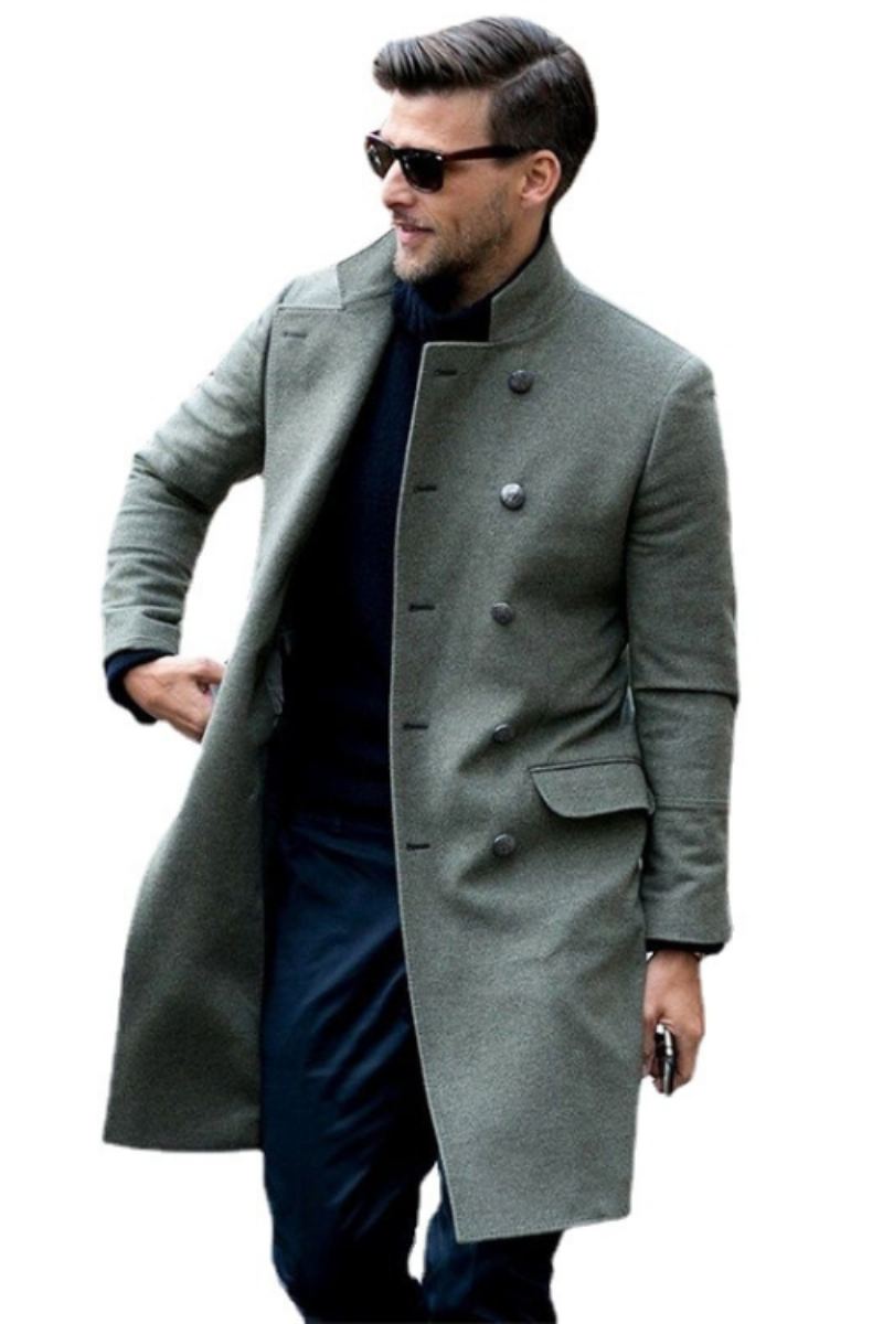 Affaires Décontracté Col Montant Double Boutonnage Manteau De Laine Hommes Hiver Pardessus Longue Melton Trench Veste