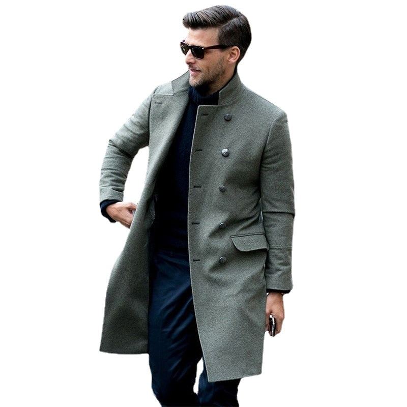 Affaires Décontracté Col Montant Double Boutonnage Manteau De Laine Hommes Hiver Pardessus Longue Melton Trench Veste - Gris Armée