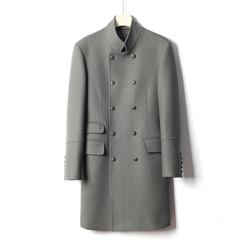 Affaires Décontracté Col Montant Double Boutonnage Manteau De Laine Hommes Hiver Pardessus Longue Melton Trench Veste - Gris Armée