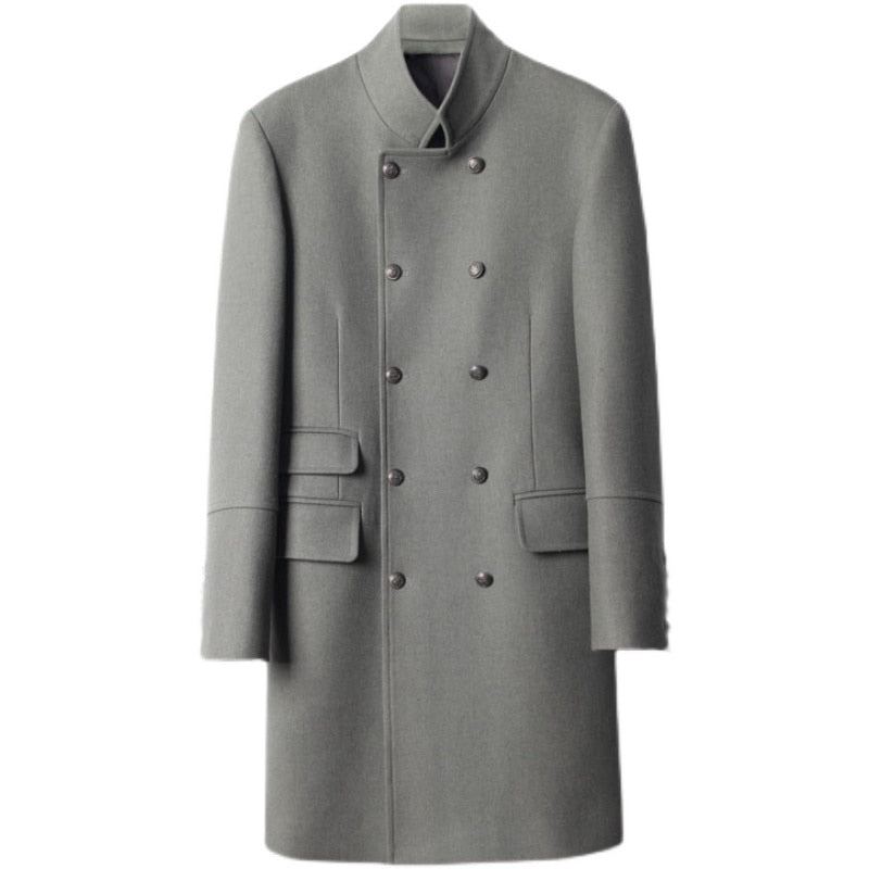 Affaires Décontracté Col Montant Double Boutonnage Manteau De Laine Hommes Hiver Pardessus Longue Melton Trench Veste - Gris Armée