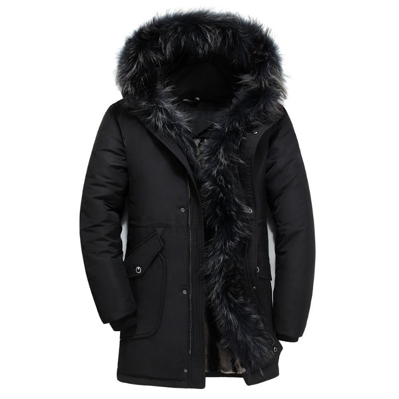 Amoureux Épaissir Chaud Hiver Canard Doudoune Hommes Col De Fourrure Parkas Manteau À Capuche Pardessus Western Mâle - Noir