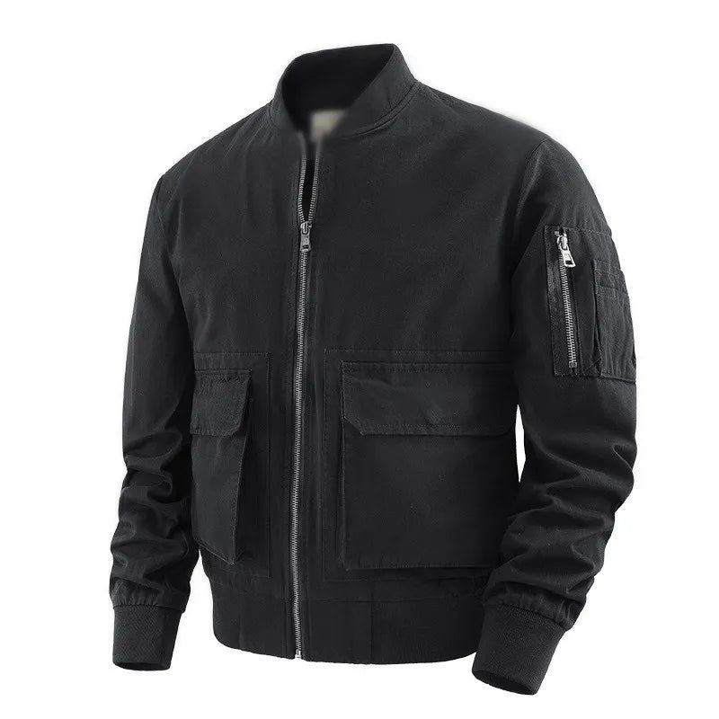 Automne Hiver Coton Bomber Vestes Hommes Mode Multi Poche Vêtements Coupe Large Manteaux Solide Fermeture Éclair Décontracté Veste De Base-ball Homme - Noir