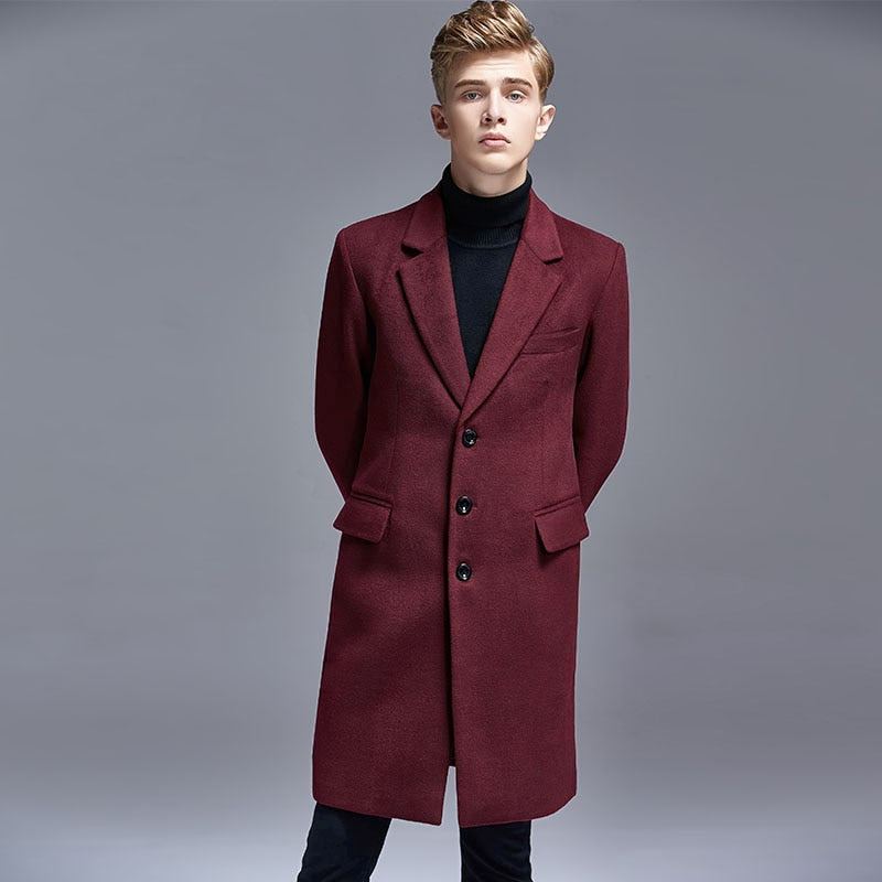 Automne Hiver Décontracté Angleterre Mince Simple Boutonnage Hommes Costume Col Laine Trench Manteau Moyen Long Vestes Et Manteaux - Noir