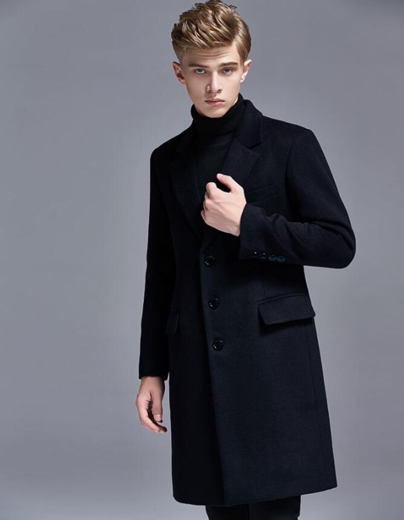 Automne Hiver Décontracté Angleterre Mince Simple Boutonnage Hommes Costume Col Laine Trench Manteau Moyen Long Vestes Et Manteaux - Noir