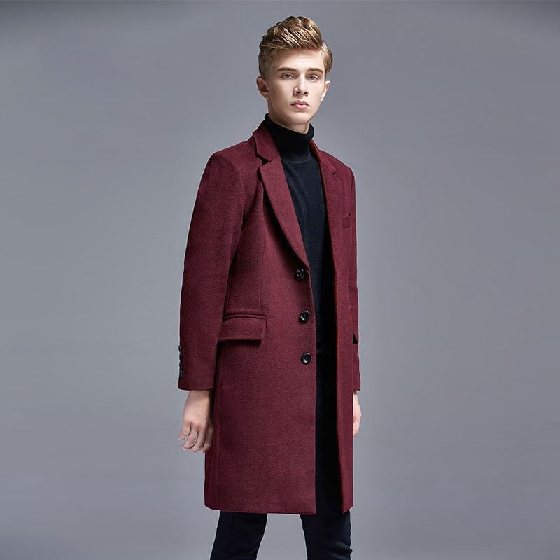 Automne Hiver Décontracté Angleterre Mince Simple Boutonnage Hommes Costume Col Laine Trench Manteau Moyen Long Vestes Et Manteaux - Noir