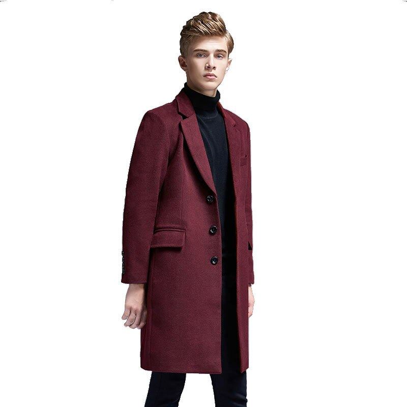 Automne Hiver Décontracté Angleterre Mince Simple Boutonnage Hommes Costume Col Laine Trench Manteau Moyen Long Vestes Et Manteaux - Noir