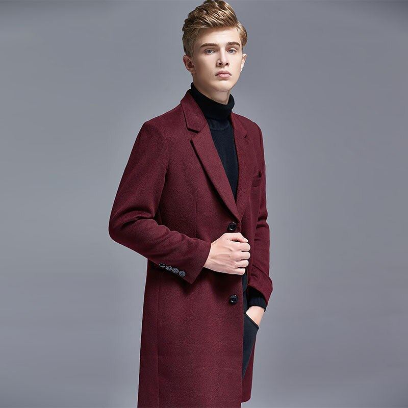 Automne Hiver Décontracté Angleterre Mince Simple Boutonnage Hommes Costume Col Laine Trench Manteau Moyen Long Vestes Et Manteaux - Noir