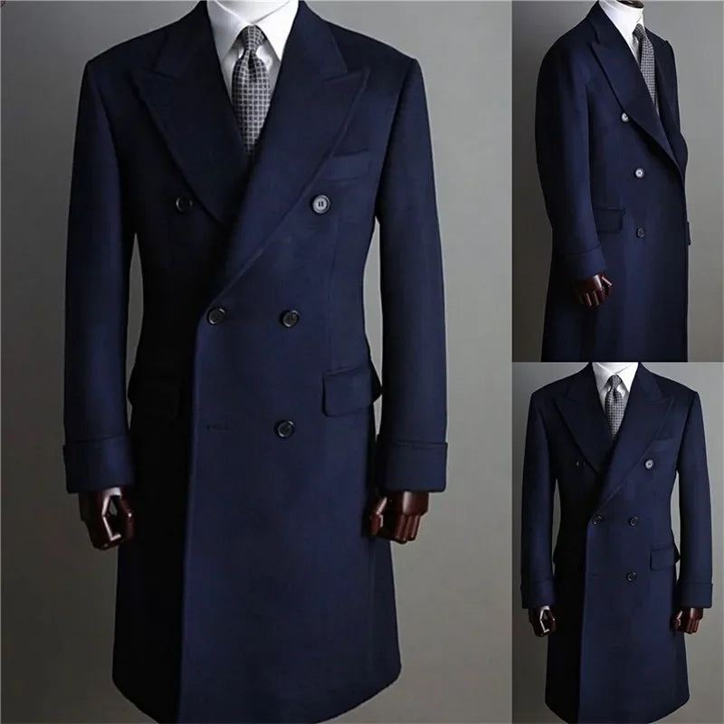 Automne Hiver Hommes Costumes Long Manteau Épais Laine Veste Angleterre Blazer - Bleu