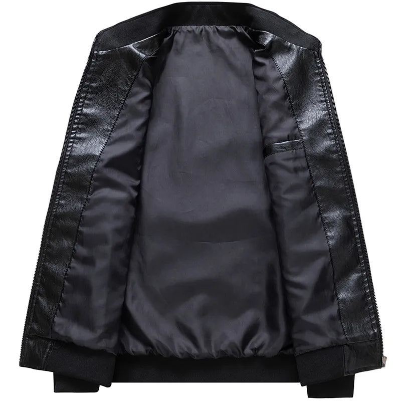 Automne Hiver Hommes Veste De Moto Col Montant Vestes Décontracté Biker Manteau Fermeture Éclair Vêtements D'extérieur - Noir