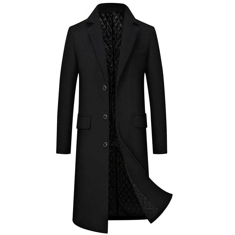 Automne Hiver Hommes Vestes En Laine Boutique Haut De Gamme Mélange De Pardessus Trench X-long Manteau Épais Sur Le Genou Coat - Noir