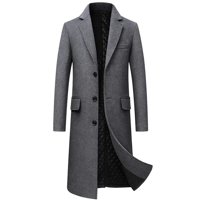 Automne Hiver Hommes Vestes En Laine Boutique Haut De Gamme Mélange De Pardessus Trench X-long Manteau Épais Sur Le Genou Coat - Noir