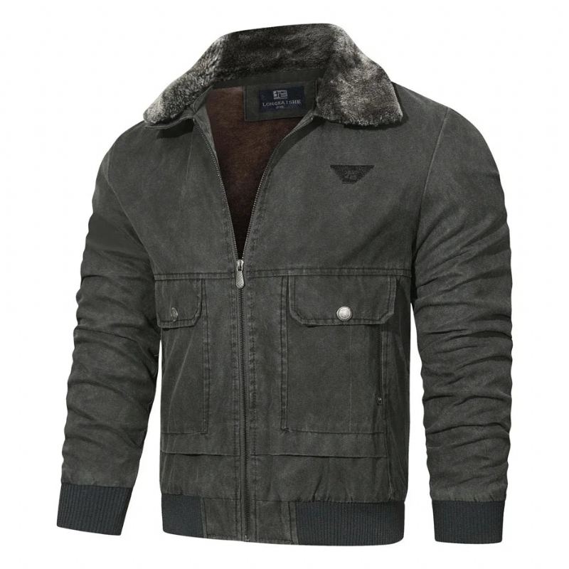 Automne Hiver Veste Hommes Col De Fourrure Vestes Tactiques Militaires Manteaux Vêtements D'extérieur Décontractés - Gris