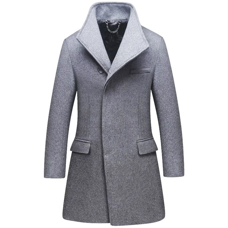 Beau Manteau En Feutre De Laine Décontracté Pour Hommes Trench-coat Mi-long À Revers Slim Jeunes D'âge Moyen - Gris