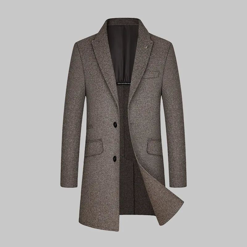 Beau Manteau D'hiver En Laine Double Face Fait À La Main Pour Hommes Longueur Moyenne Col De Costume En - Kaki