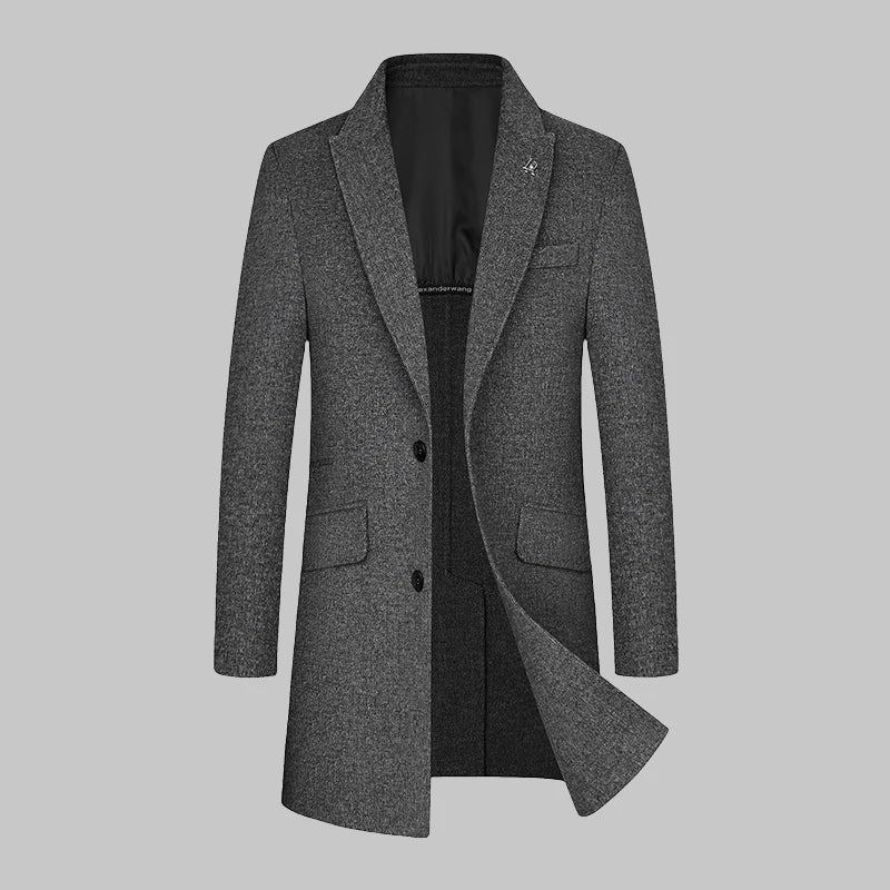 Beau Manteau D'hiver En Laine Double Face Fait À La Main Pour Hommes Longueur Moyenne Col De Costume En - Kaki