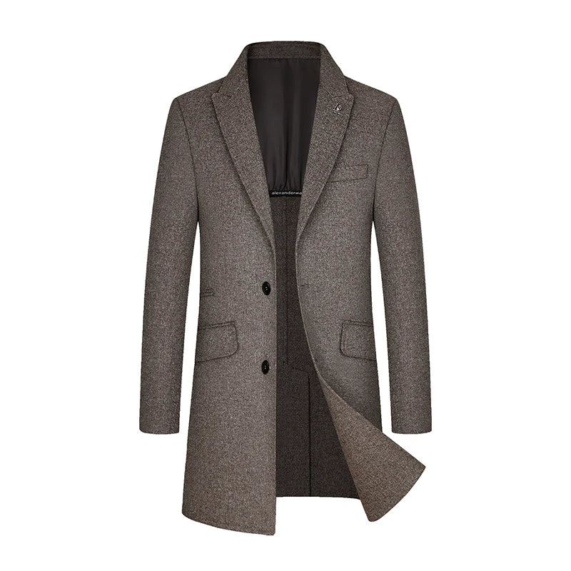 Beau Manteau D'hiver En Laine Double Face Fait À La Main Pour Hommes Longueur Moyenne Col De Costume En - Kaki