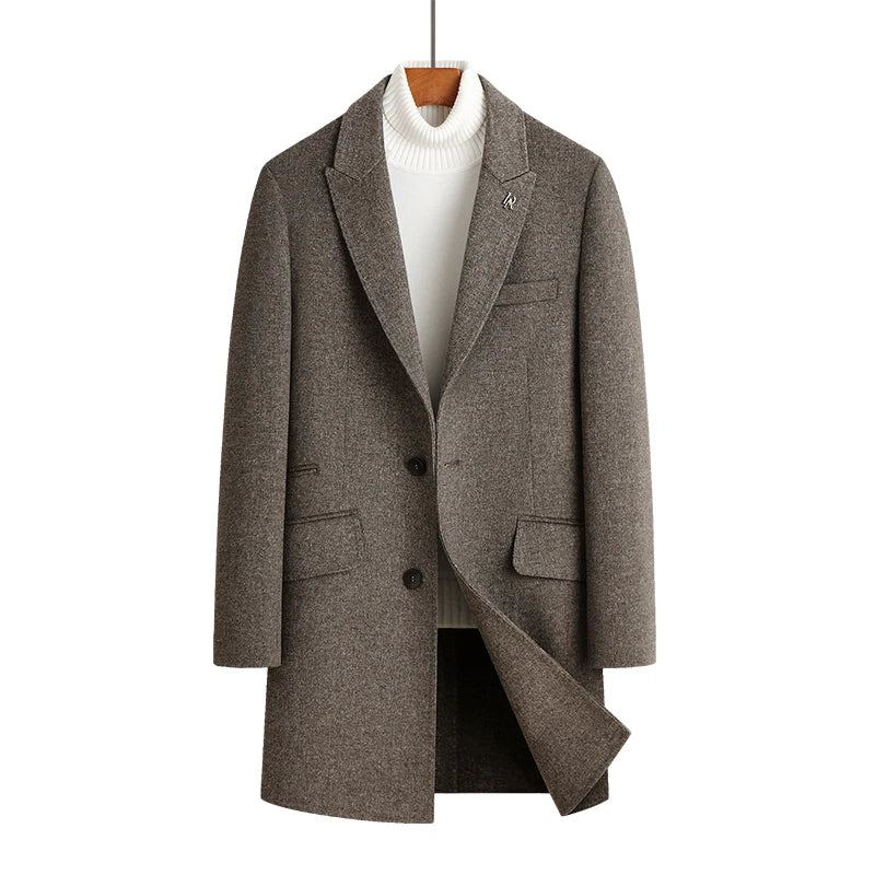 Beau Manteau D'hiver En Laine Double Face Fait À La Main Pour Hommes Longueur Moyenne Col De Costume En - Kaki