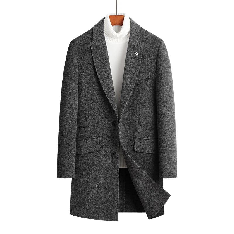 Beau Manteau D'hiver En Laine Double Face Fait À La Main Pour Hommes Longueur Moyenne Col De Costume En - Kaki