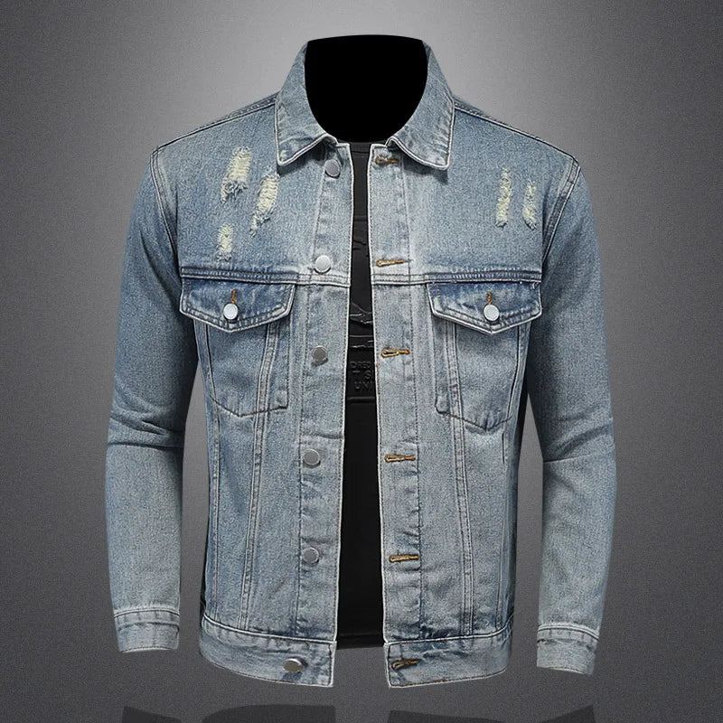 Belle Tendance Tout Avec Boutique Simple Déchiré Manteau En Jean Pour Hommes Quatre Saisons - Bleu Délavé