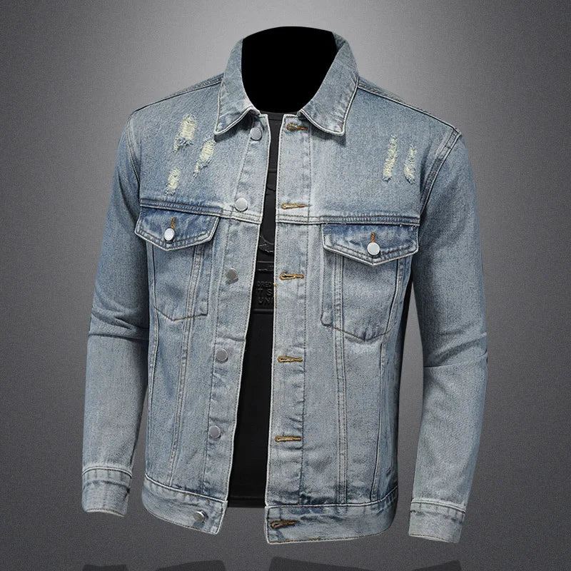 Belle Tendance Tout Avec Boutique Simple Déchiré Manteau En Jean Pour Hommes Quatre Saisons - Bleu Délavé