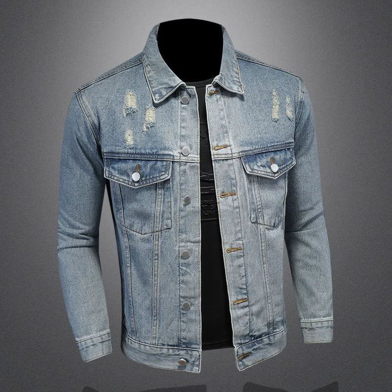 Belle Tendance Tout Avec Boutique Simple Déchiré Manteau En Jean Pour Hommes Quatre Saisons - Bleu Délavé