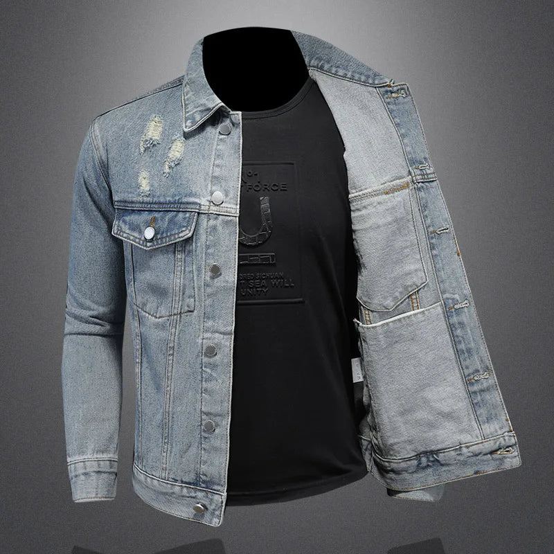 Belle Tendance Tout Avec Boutique Simple Déchiré Manteau En Jean Pour Hommes Quatre Saisons - Bleu Délavé