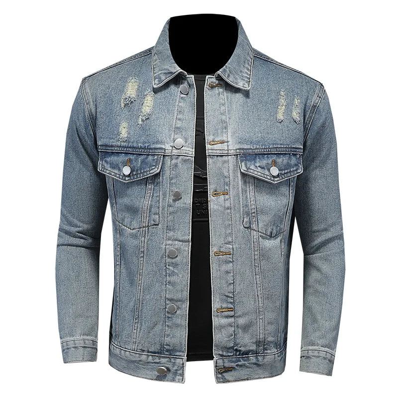 Belle Tendance Tout Avec Boutique Simple Déchiré Manteau En Jean Pour Hommes Quatre Saisons - Bleu Délavé