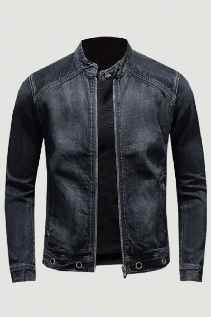 Col Montant Européen Bomber Pilote Noir Denim Veste Hommes Jean Manteaux Mince Moto Décontractée Vêtements Pardessus