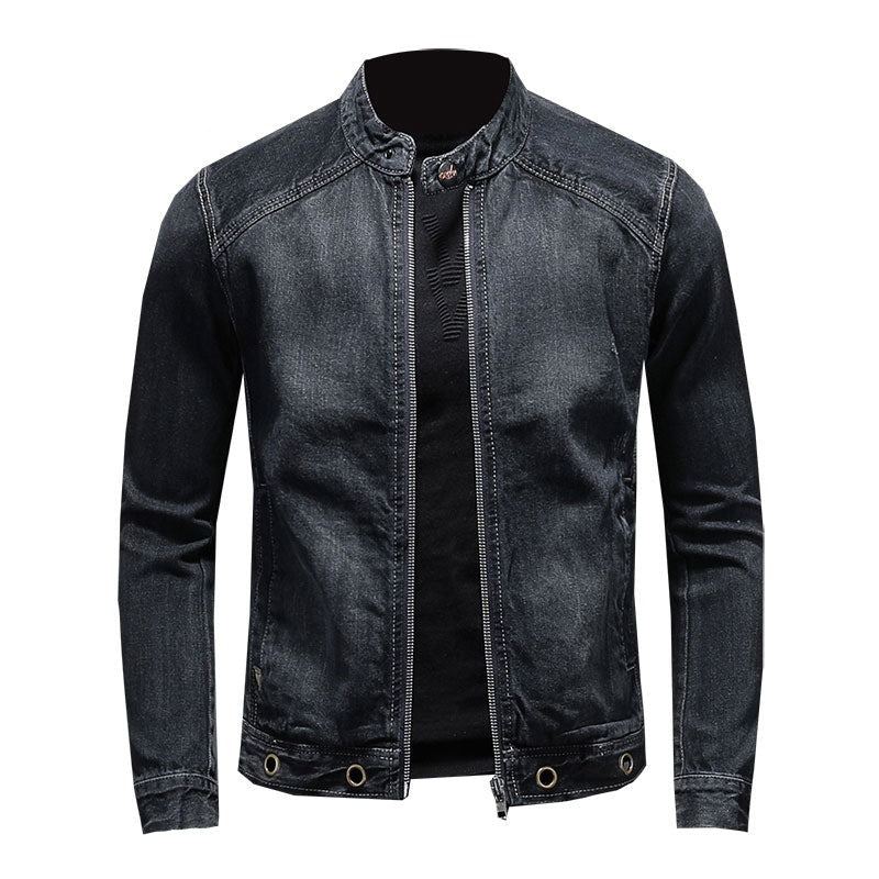 Col Montant Européen Bomber Pilote Noir Denim Veste Hommes Jean Manteaux Mince Moto Décontractée Vêtements Pardessus - Noir