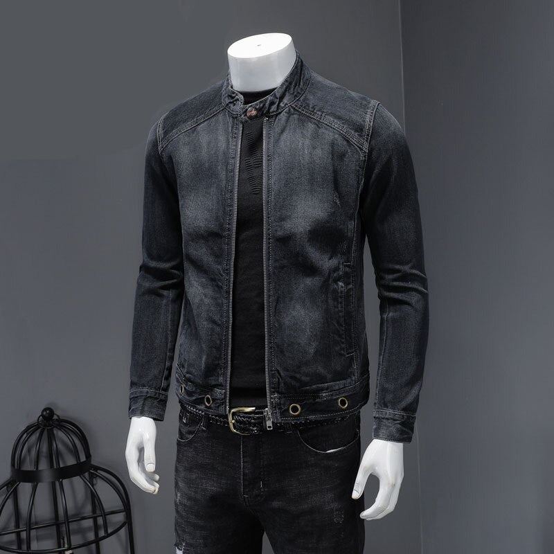 Col Montant Européen Bomber Pilote Noir Denim Veste Hommes Jean Manteaux Mince Moto Décontractée Vêtements Pardessus - Noir