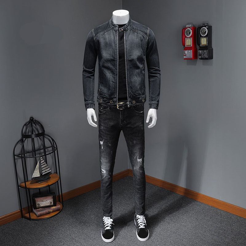 Col Montant Européen Bomber Pilote Noir Denim Veste Hommes Jean Manteaux Mince Moto Décontractée Vêtements Pardessus - Noir